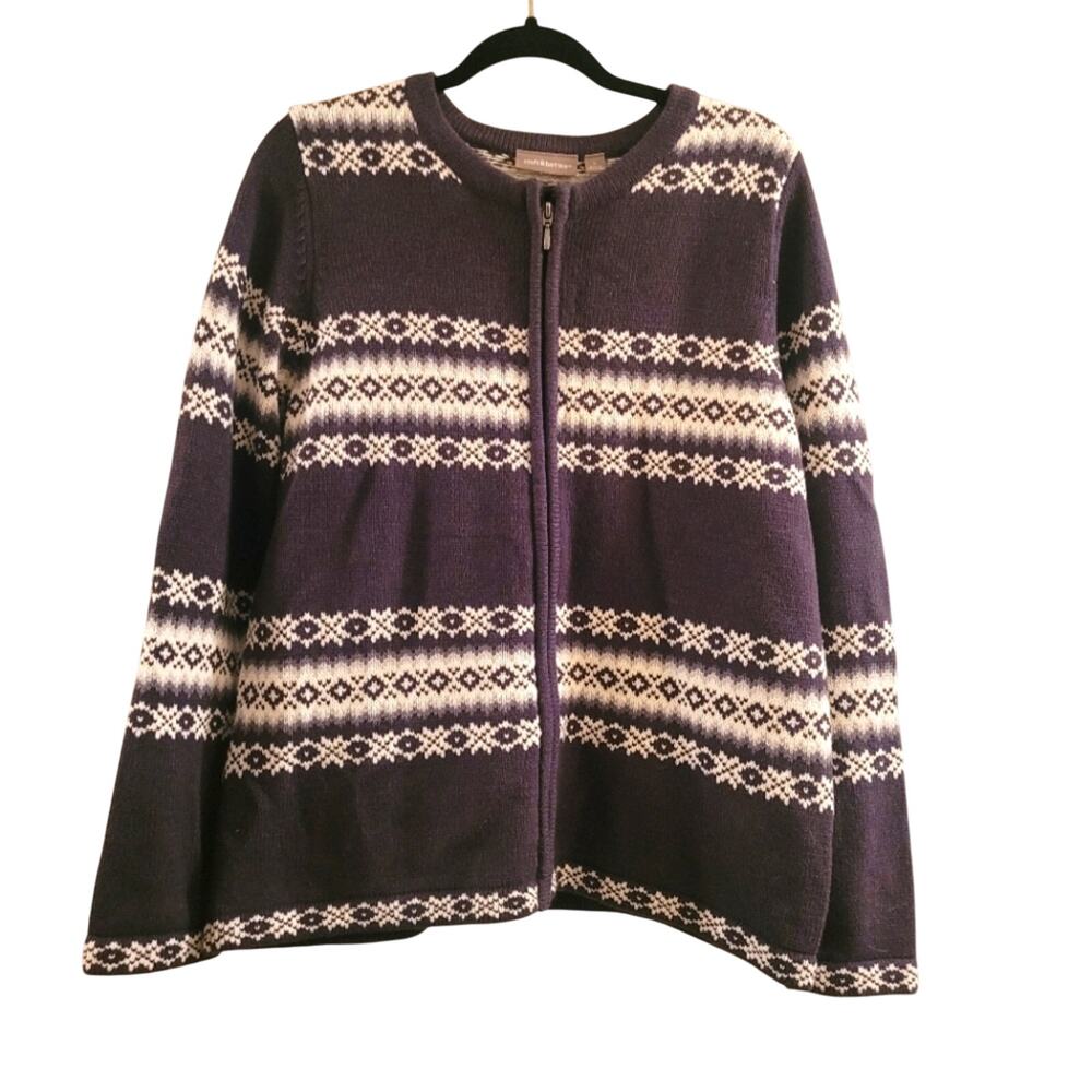 Vntg Fair Isle Nordic Knit Cardigan Sweater Size L Gray/White Full Zip